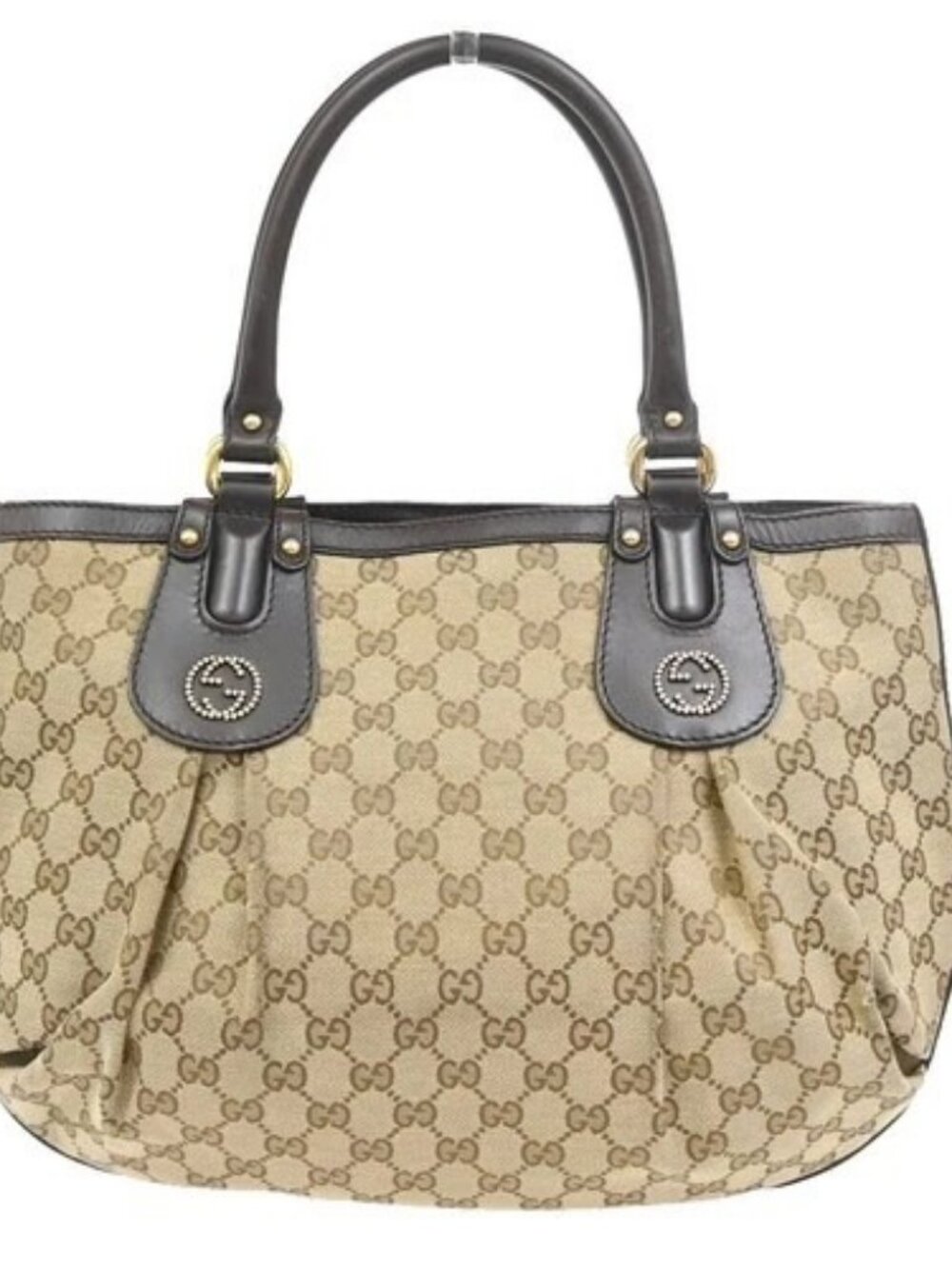 GUCCI Logo GG Pattern Shoulder Bag Canvas Leather Beige Brown Italy GHW 70PA283
